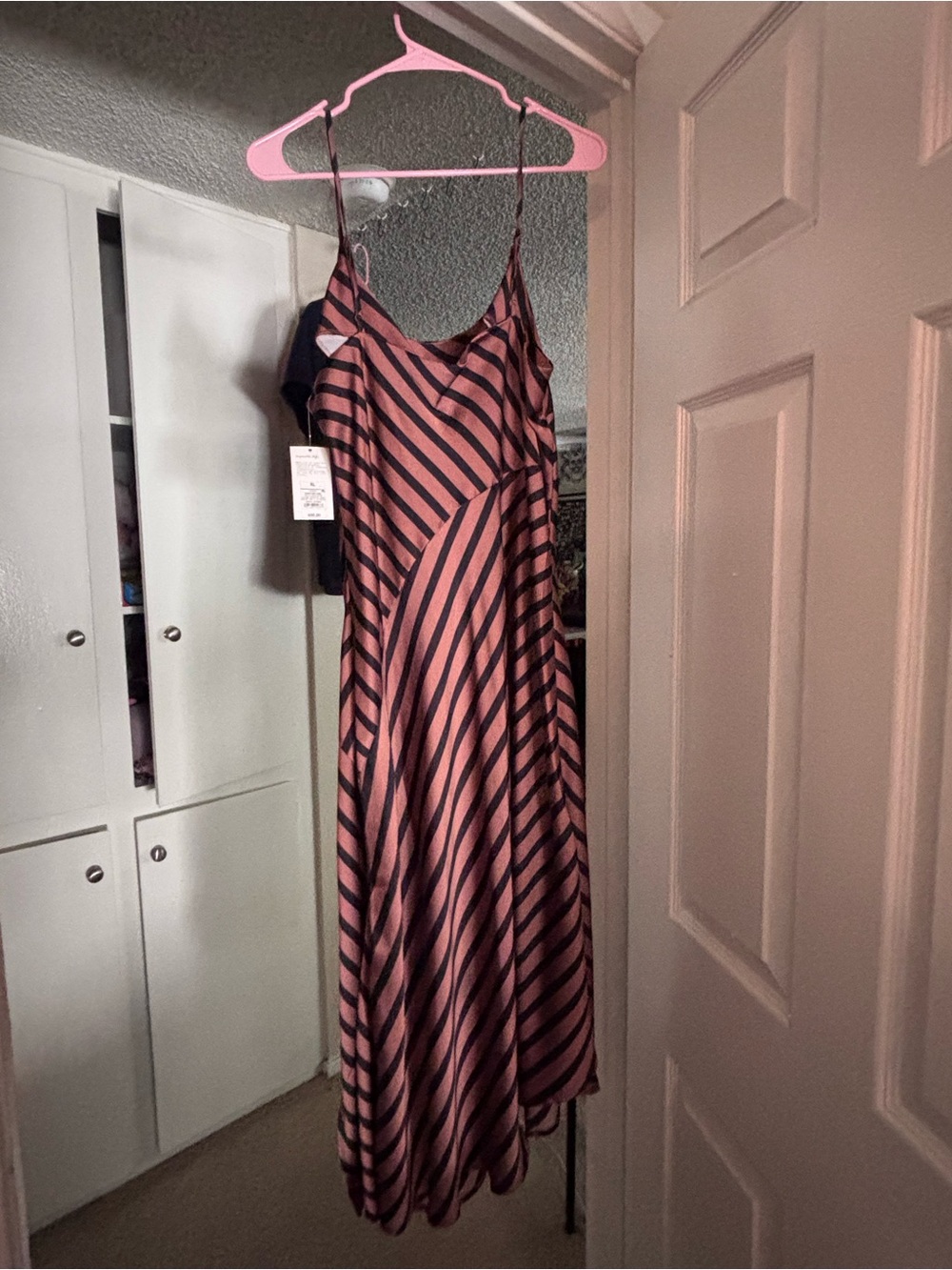 Diagonal Striped Satin Maxi Slip Dress in Dusty Rose and Black
